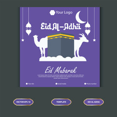 Wall Mural - Set Eid al Adha Social Media Post Template. Idul Adha Greeting Card Vector Illustration with vector of sacrificial animals, and Arabic ornaments, mosques, lanterns, Muslims Background