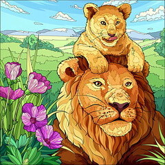 Wall Mural - Portrait illustration of lion in the jungle