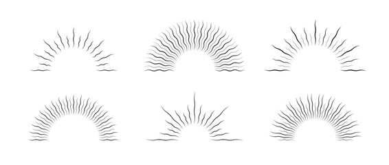 Poster - Half curved sunburst frame set. Vintage sunrise and sunset collection. Warped half circle sunlight rays set. Retro sunbeams design element for logo, labels, badges, banners. Vector
