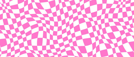 Poster - Trippy distorted checkerboard background. Pink and white retro psychedelic checkered wallpaper. Wavy groovy chessboard surface. Twisted geometric pattern. Abstract vector backdrop