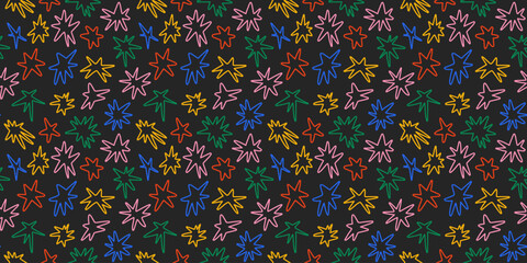Poster - Hand drawn sparks seamless pattern. Colorful outline twinkles repeating background. Abstract doodle sparkle and stars wallpaper. Vector illustration