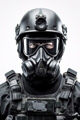 Portrait soldier wearing mask isolated on white AI Generative