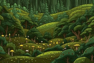 Poster - dense forest with tall trees and lush vegetation Generative AI
