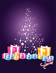 Sticker - Christmas gifts with star shaped background of tree