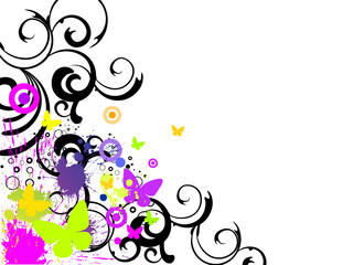 Sticker - vector eps10 illustration of splashes and butterflies on a floral background