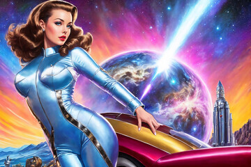portrait of a beautiful woman in a polished aluminum suit as an astronaut, space theme in the retro 