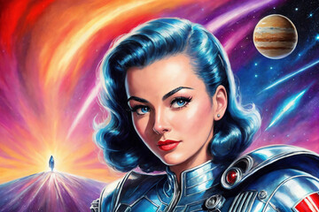 portrait of a beautiful woman in a polished aluminum suit as an astronaut, space theme in the retro 