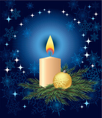 Wall Mural - Candle and Christmas tree ball on a pine branch