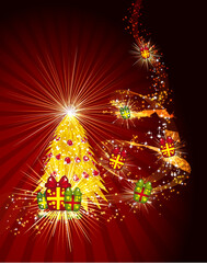 Poster - Fairy golden christmas tree with gifts on a dark red background. Vector eps10 illustration