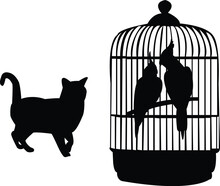 Parrots And Cat Silhouette - Vector