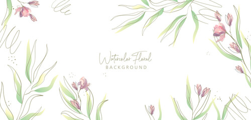 Wall Mural - Watercolor bakground with leaves. Floral foliage for wedding invitation, wall art or card template. Vector illustration. Luxury rustic trendy