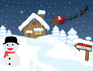 Poster - Santa's house at North Pole with snowman and his sleigh ,vector illustration