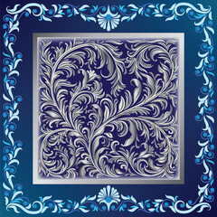 Wall Mural - abstract blue background with silver floral ornament on black