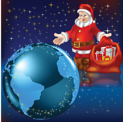 Sticker - Santa Claus with gifts and planet earth