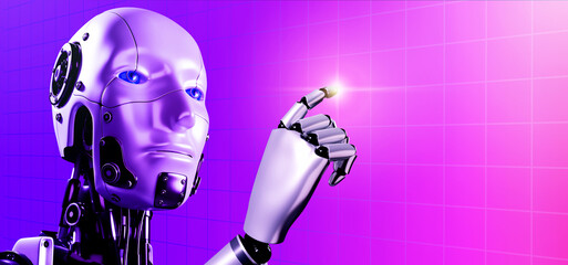 Aufkleber - 3d rendering smart robot touch on digital network network background with copy space. Ai human cyborg pointing finger on screen . Business and technology with artificial intelligence concepts.