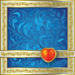 Sticker - Valentines blue greeting with red heart and gold floral frame