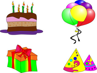 Poster - Picture of bithday cake, balloons, gift and caps