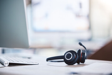 Aufkleber - Call center, customer service and headset and computer on a desk in an empty office space. Crm, telemarketing and sales or technical support company with headphones for help desk consultation