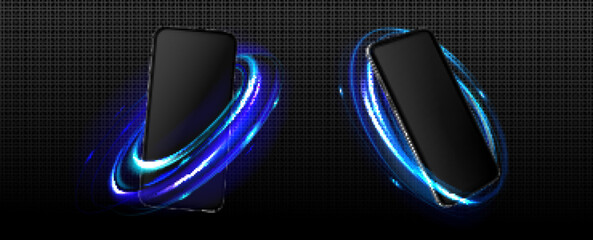Poster - phone with neon light glow effect. mockup of smartphone with black screen and abstract flare trails,