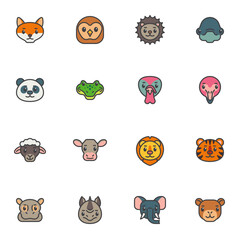 Aufkleber - cartoon animals face filled outline icons set