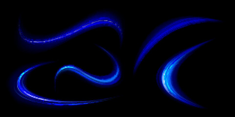 Poster - Neon light lines and swirls, speed motion glow effect. Abstract energy flare trails at night. Magic blue flashes, bright shiny spiral streaks isolated on black background, vector realistic set