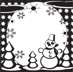 Sticker - Winter: round  frame with snowman and fir-tree.