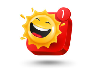 Fototapete - Mobile app button with smiling sun emoji. 3d vector mobile application icon with notification