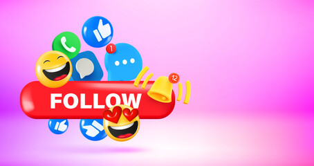 Aufkleber - Social media icons and emoji and Follow button. Vector 3d banner with copy space