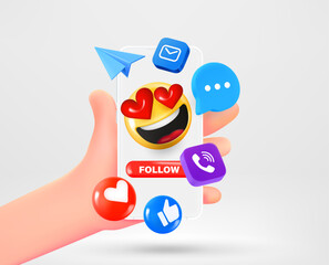 Poster - Man holding smartphone with Social media icons and emoji. Vector 3d illustration
