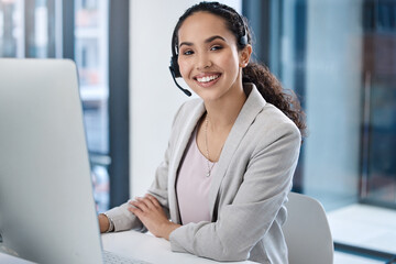 Poster - Call center, consultant woman and pc with smile in office for customer service, tech support and IT advice with voip. Crm, telemarketing or agent in portrait with microphone, consulting and help desk
