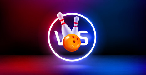 Poster - Showcase and shining neon frame and bowling battle concept. 3d vector banner with copy space