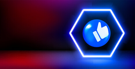 Poster - Product showcase and shining neon frame with thumbs up sign. 3d vector banner with copy space