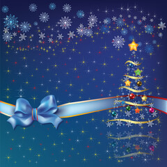 Wall Mural - christmas tree with blue ribbon and bow