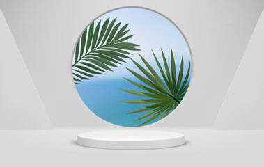 Aufkleber - White interior with podium and circle window with landscape and leaves. Eco friendly product showcase template. 3d vector background