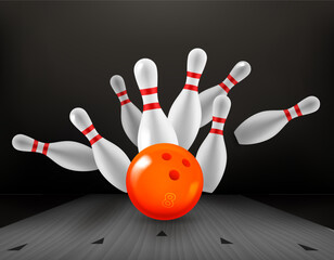 Aufkleber - Billiard skittles and yellow ball on bowling valley. 3d vector illustration. Strike concept
