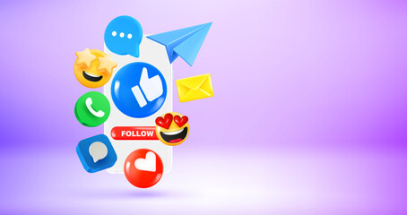 Aufkleber - Man holding smartphone with Social media icons and emoji. Vector 3d banner with copy space