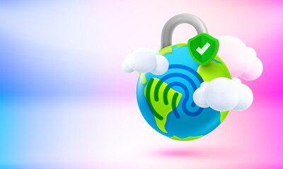 Poster - The earth with fingerprint. World security concept. 3d vector banner with copy space