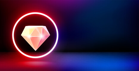 Poster - Product showcase and shining neon frame with diamond. 3d vector banner with copy space