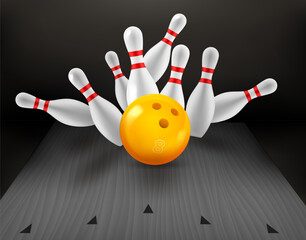 Aufkleber - White billiard skittles and yellow ball on bowling valley. 3d vector concept
