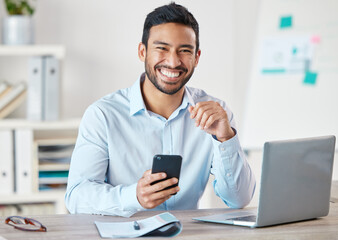 Aufkleber - Simile, phone and portrait of business man in a office with startup and technology. Motivation, worker and happiness of businessman with insurance agency work with mobile text and development at job