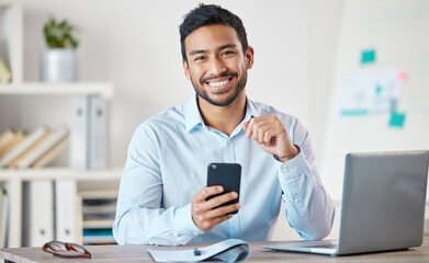 Happy, phone and portrait of business man in a office with startup and technology. Motivation, smile and happiness of businessman with insurance agency work with mobile text and development at job