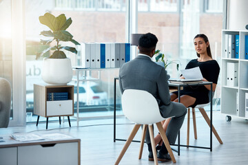 Poster - Business meeting, hiring and cv of a corporate woman with hr and communication in office. Paperwork, interview and outsourcing in a company with professional opportunity in the workplace with offer