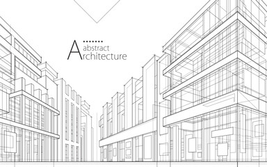 Poster - 3D illustration, abstract modern urban landscape line drawing, imaginative architecture building construction perspective design.
