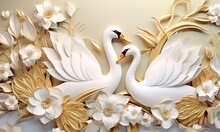 Elegant Golden And White Ducks With Flowers Illustration Background. 3D Wallpaper For Interior Mural Painting Wall Art Decor. Luxurious 3d Gold And White Swans With Floral Ornament And Flowers.generat