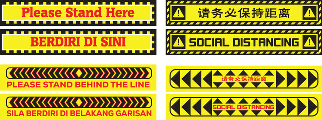 3 language social distance signage icon precaution  warning rectangle long floor sticker tape line vector set chinese malay english.