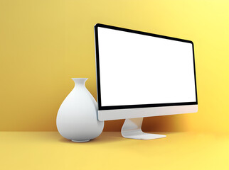 Fototapete - Tablet desktop computer smartphone handphone with transparent screen cutout on bright background, PNG file. Mockup template for artwork design. Copy text space. 3D rendering