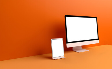 Wall Mural - Tablet desktop computer smartphone handphone with transparent screen cutout on bright background, PNG file. Mockup template for artwork design. Copy text space. 3D rendering