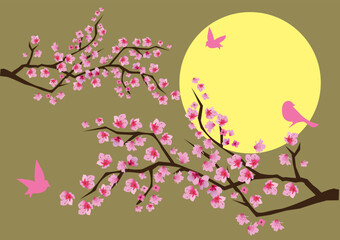 Poster - vector illustration of cherry blossom with birds and moon background