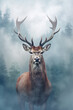 Majestic deer in the woods surrounded by morning fog. Stunning photoreal fine art generated by Ai. Is not based on any specific real image or character