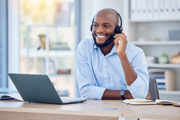 Poster - Happy black man, callcenter with phone call and contact us, communication with headset and CRM. Male consultant with smile, customer service or telemarketing with conversation and help desk employee